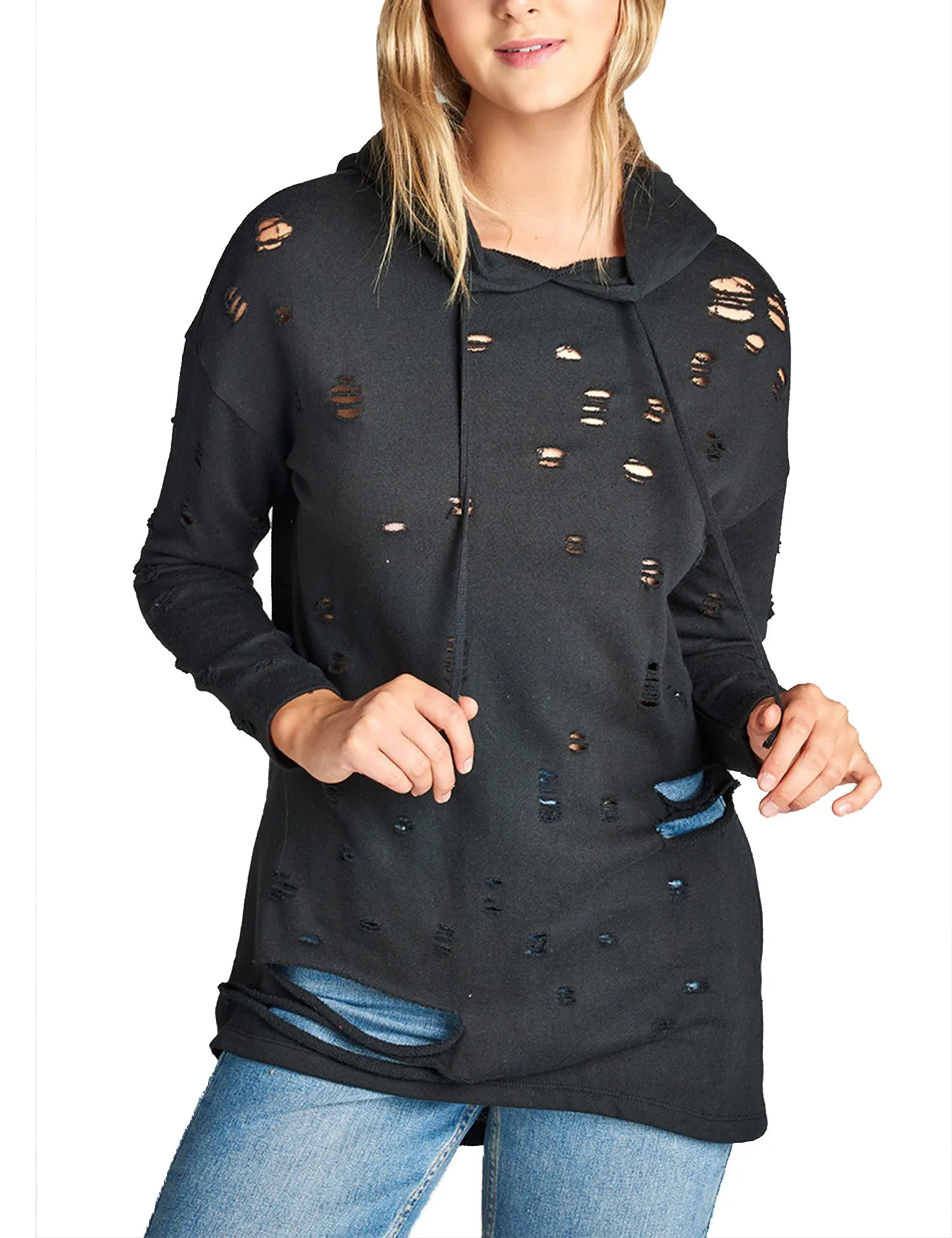 Womens Long Sleeve Distress with Drawstring French Terry Hoodie Tunic Top