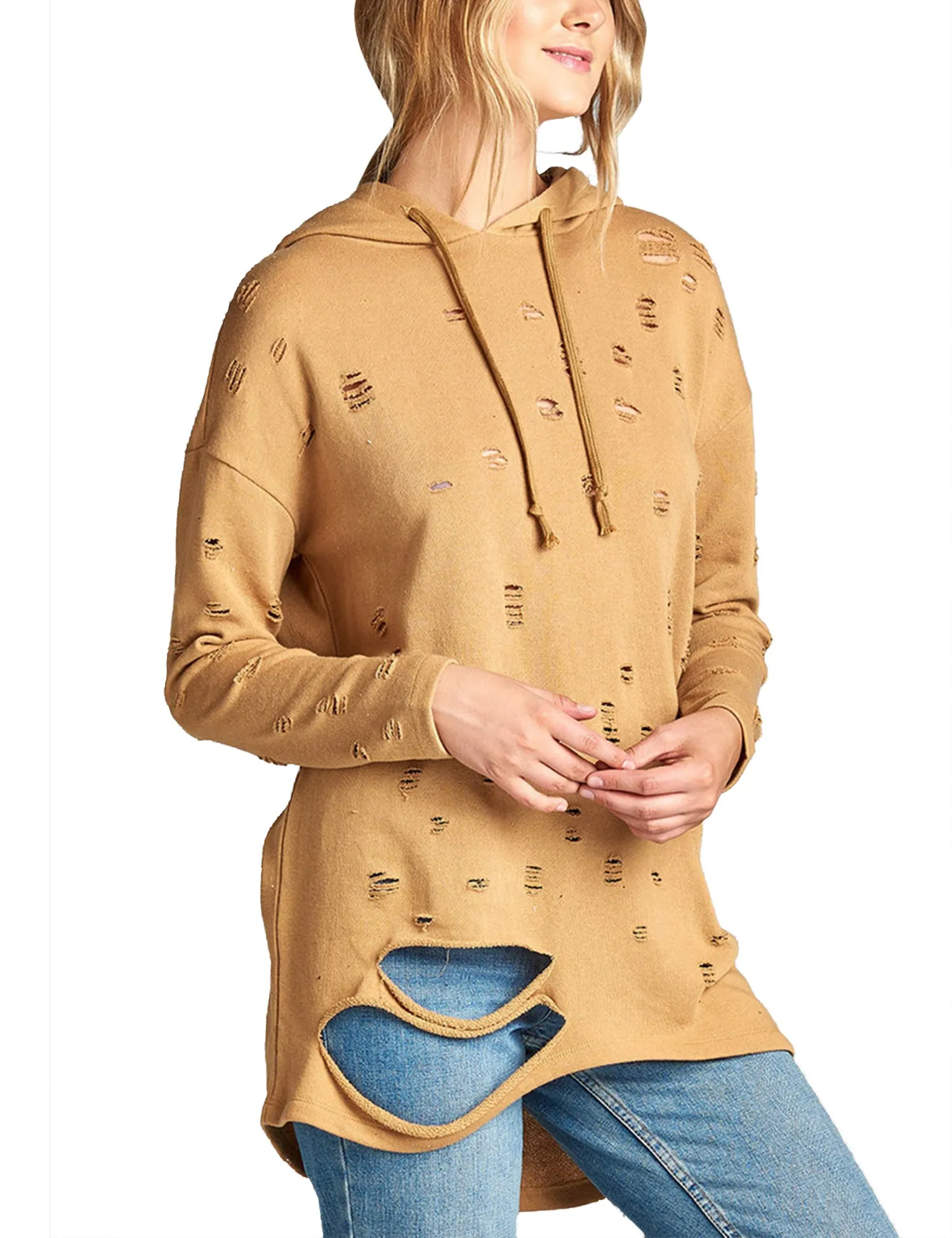 Womens Long Sleeve Distress with Drawstring French Terry Hoodie Tunic Top