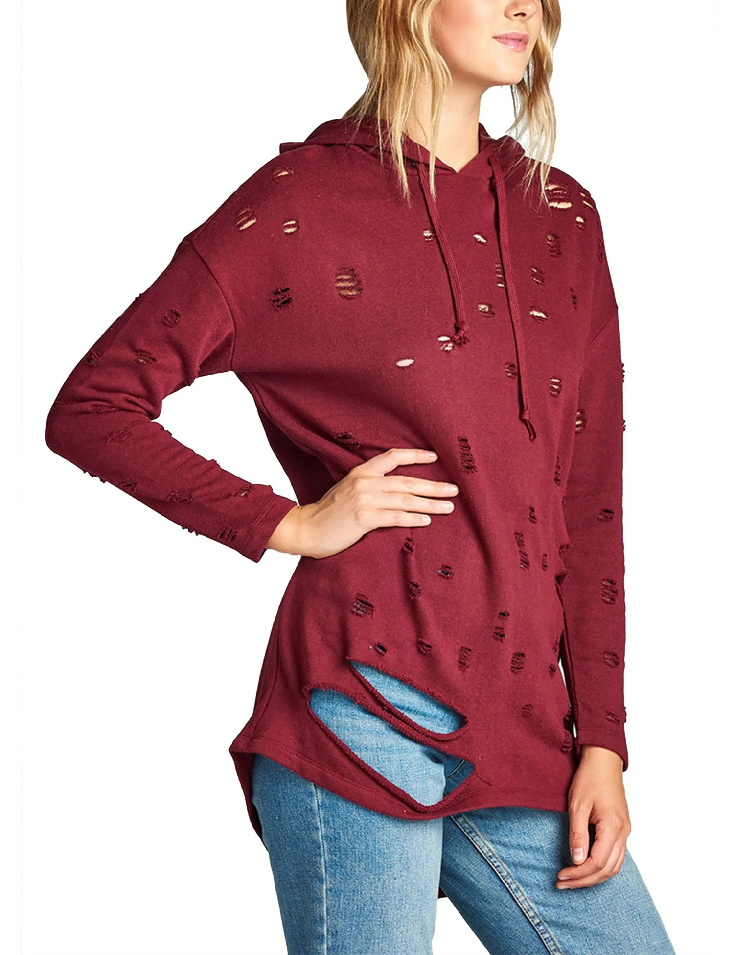 Womens Long Sleeve Distress with Drawstring French Terry Hoodie Tunic Top
