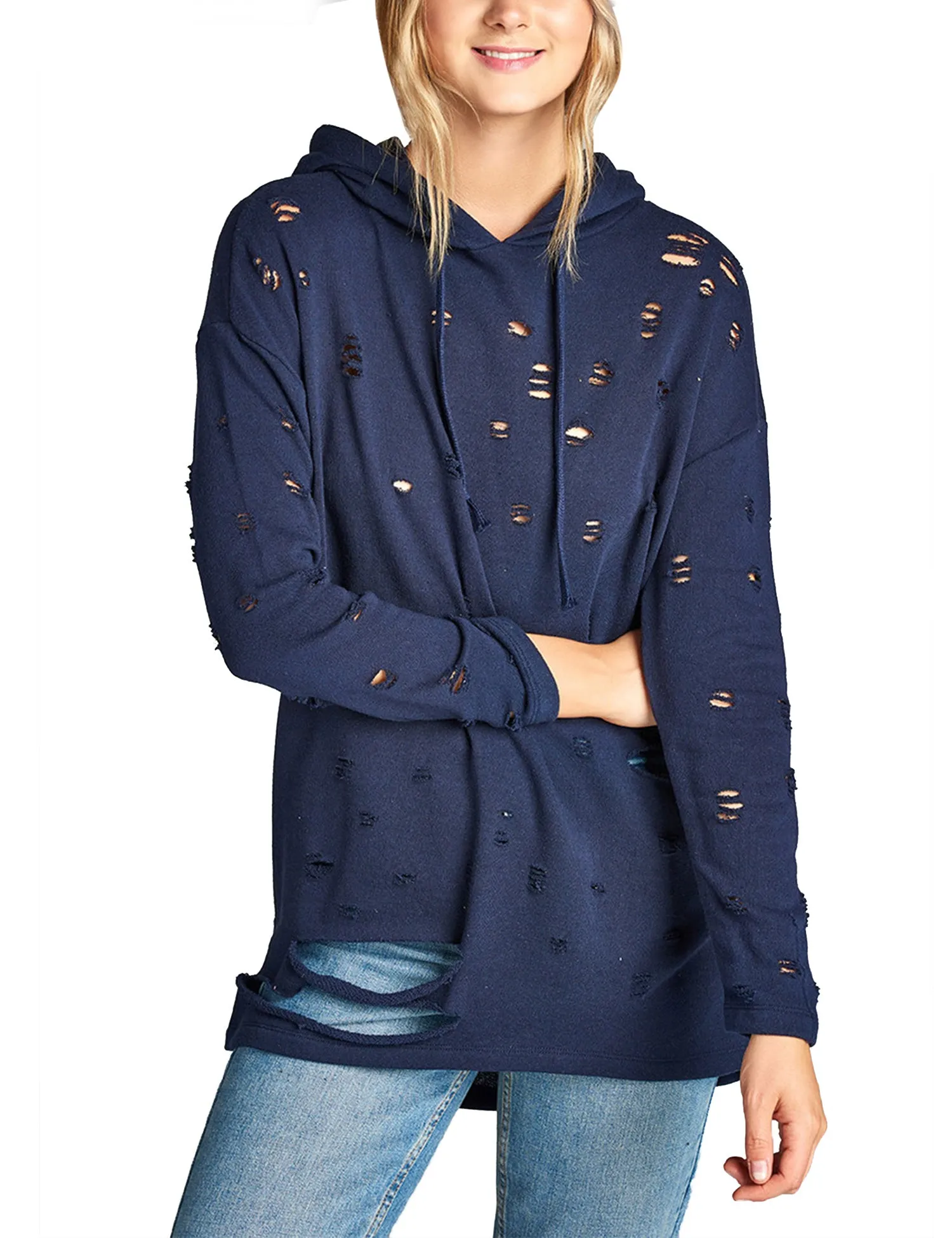 Womens Long Sleeve Distress with Drawstring French Terry Hoodie Tunic Top