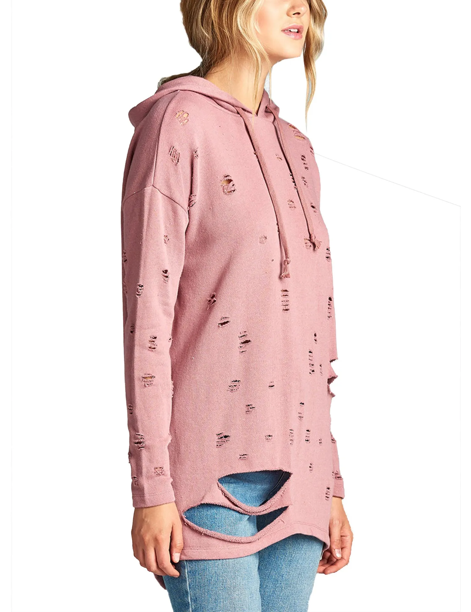 Womens Long Sleeve Distress with Drawstring French Terry Hoodie Tunic Top