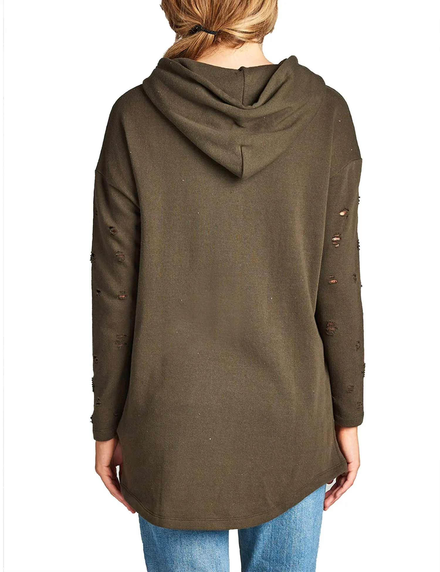 Womens Long Sleeve Distress with Drawstring French Terry Hoodie Tunic Top