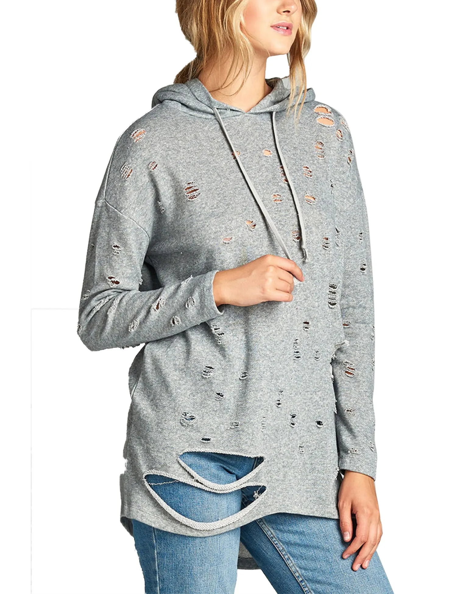Womens Long Sleeve Distress with Drawstring French Terry Hoodie Tunic Top