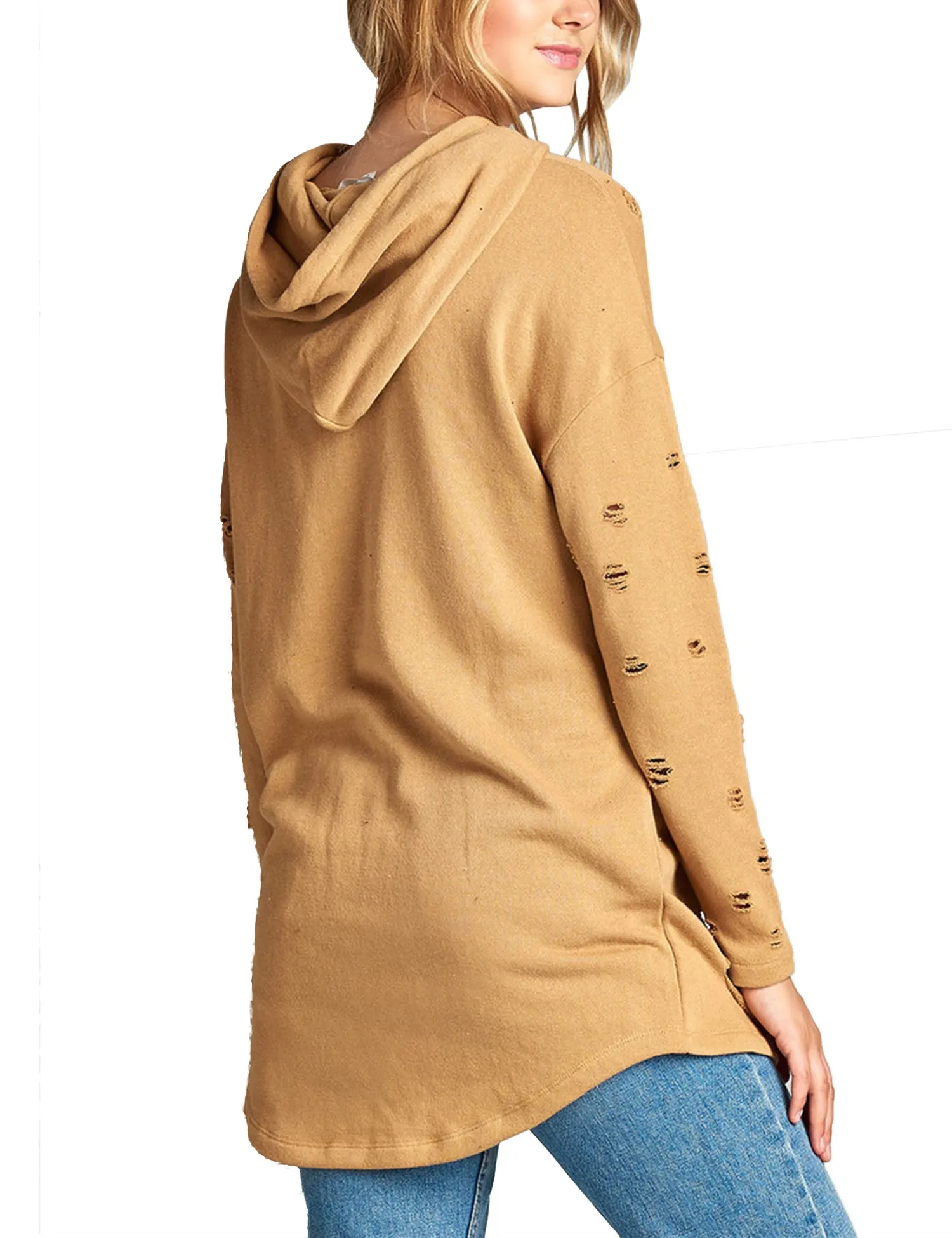 Womens Long Sleeve Distress with Drawstring French Terry Hoodie Tunic Top