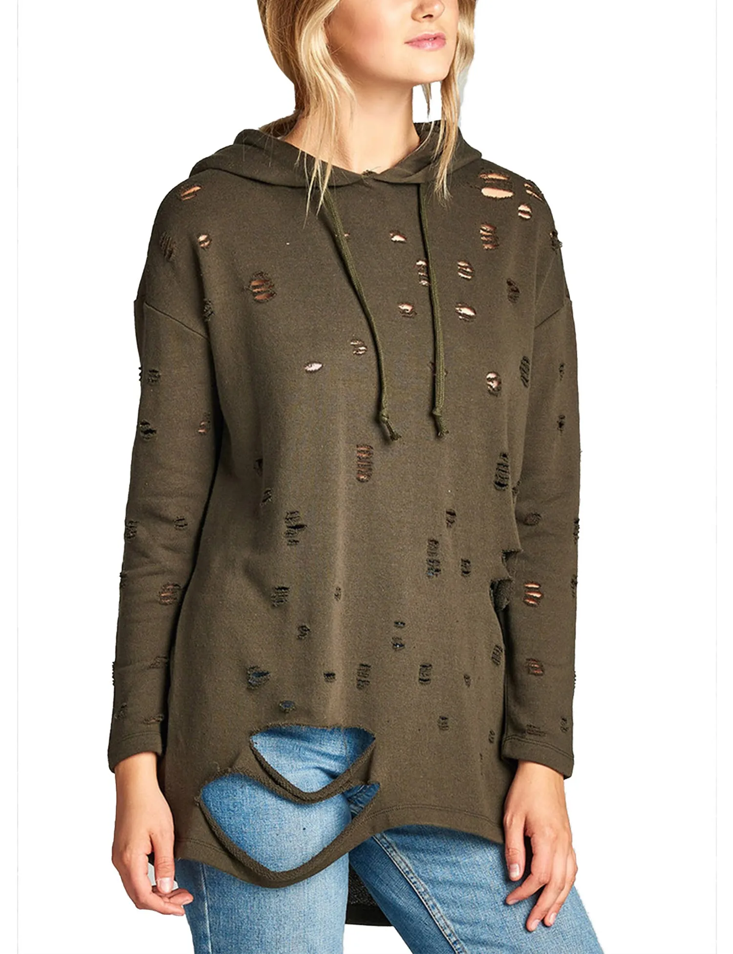 Womens Long Sleeve Distress with Drawstring French Terry Hoodie Tunic Top