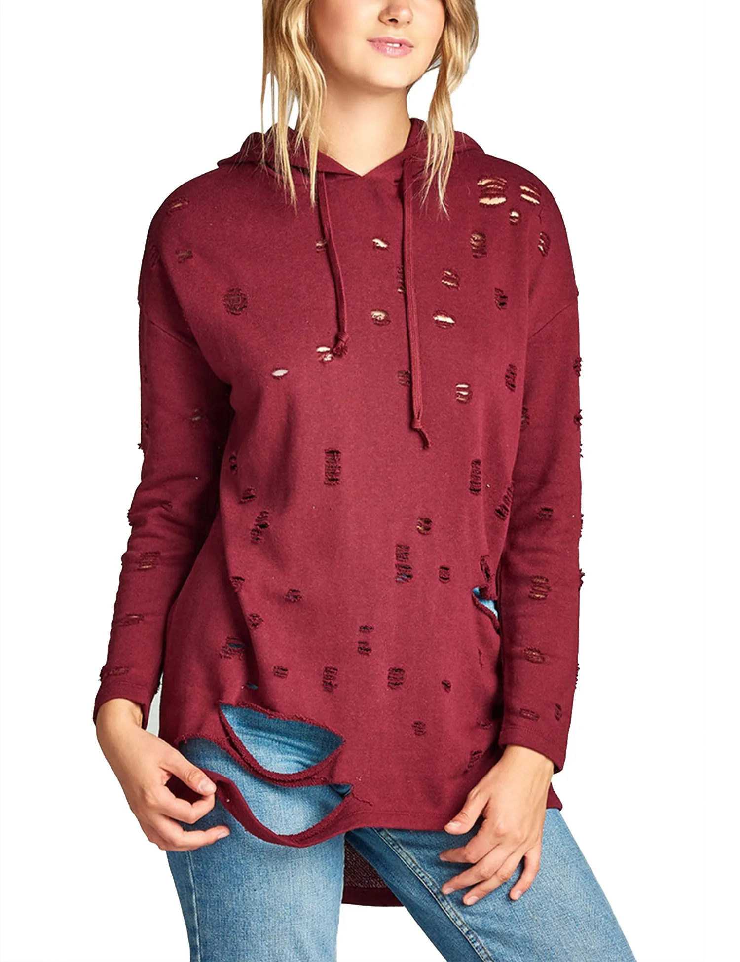 Womens Long Sleeve Distress with Drawstring French Terry Hoodie Tunic Top