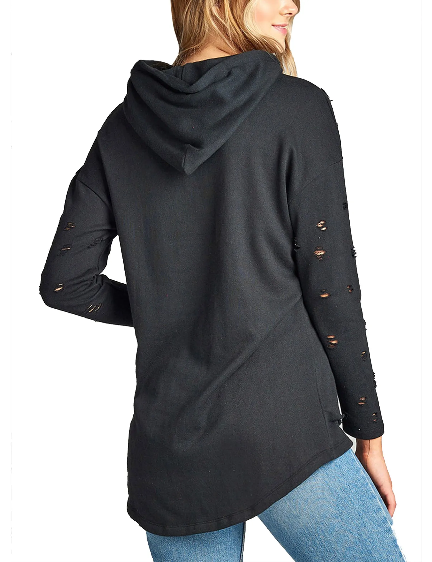 Womens Long Sleeve Distress with Drawstring French Terry Hoodie Tunic Top
