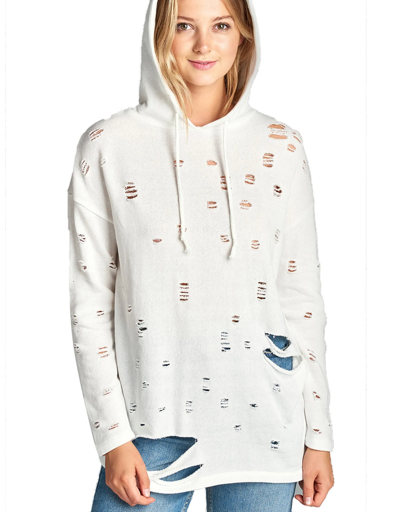 Womens Long Sleeve Distress with Drawstring French Terry Hoodie Tunic Top