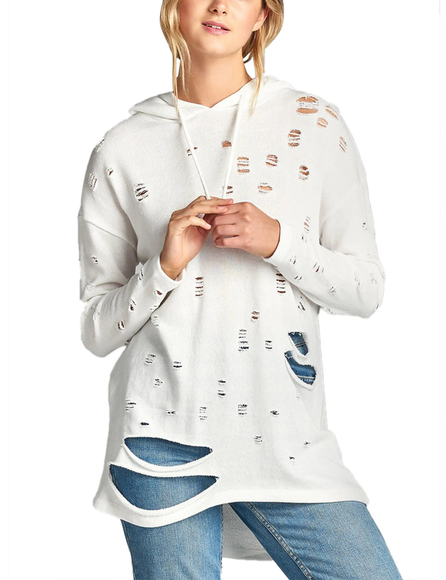 Womens Long Sleeve Distress with Drawstring French Terry Hoodie Tunic Top