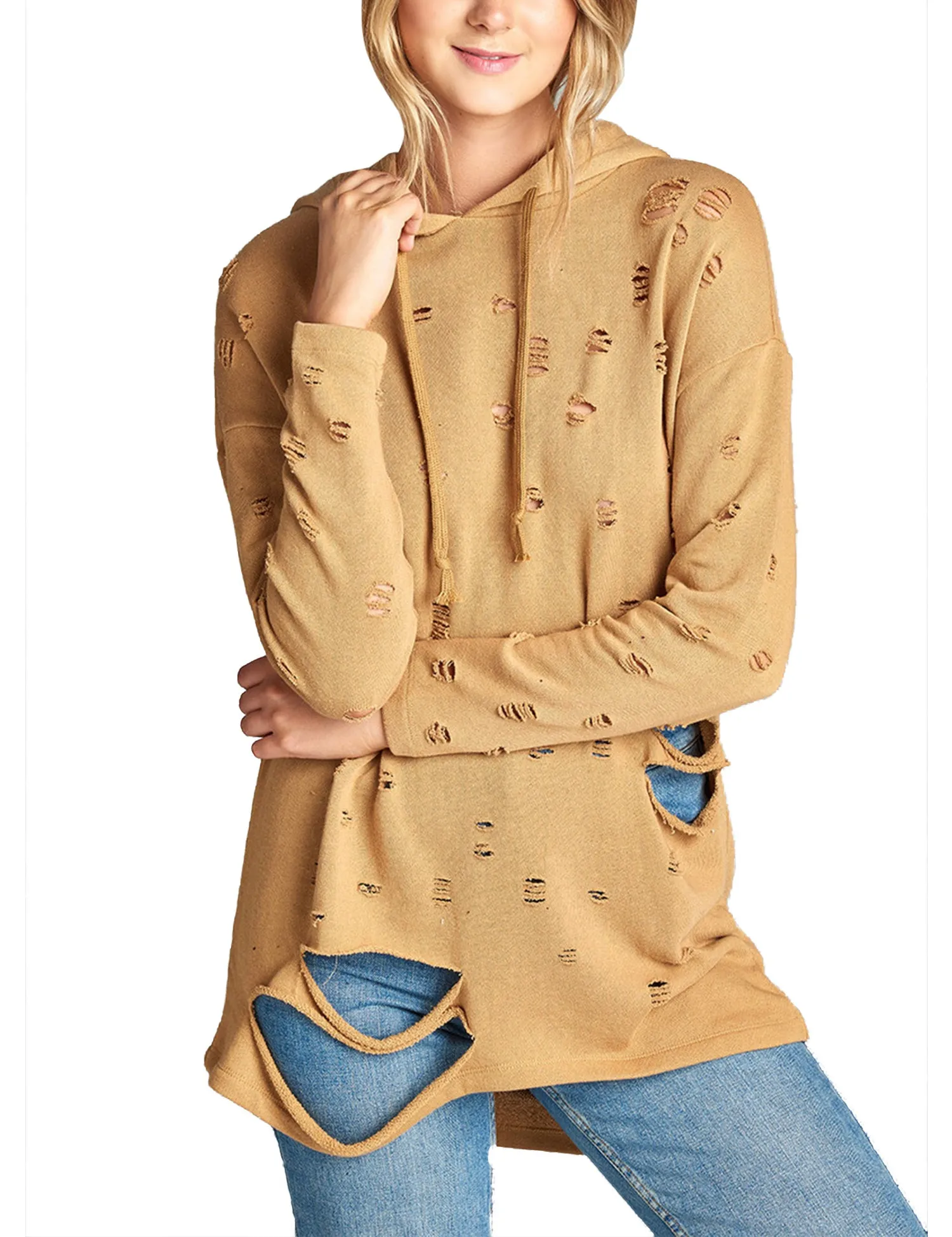 Womens Long Sleeve Distress with Drawstring French Terry Hoodie Tunic Top
