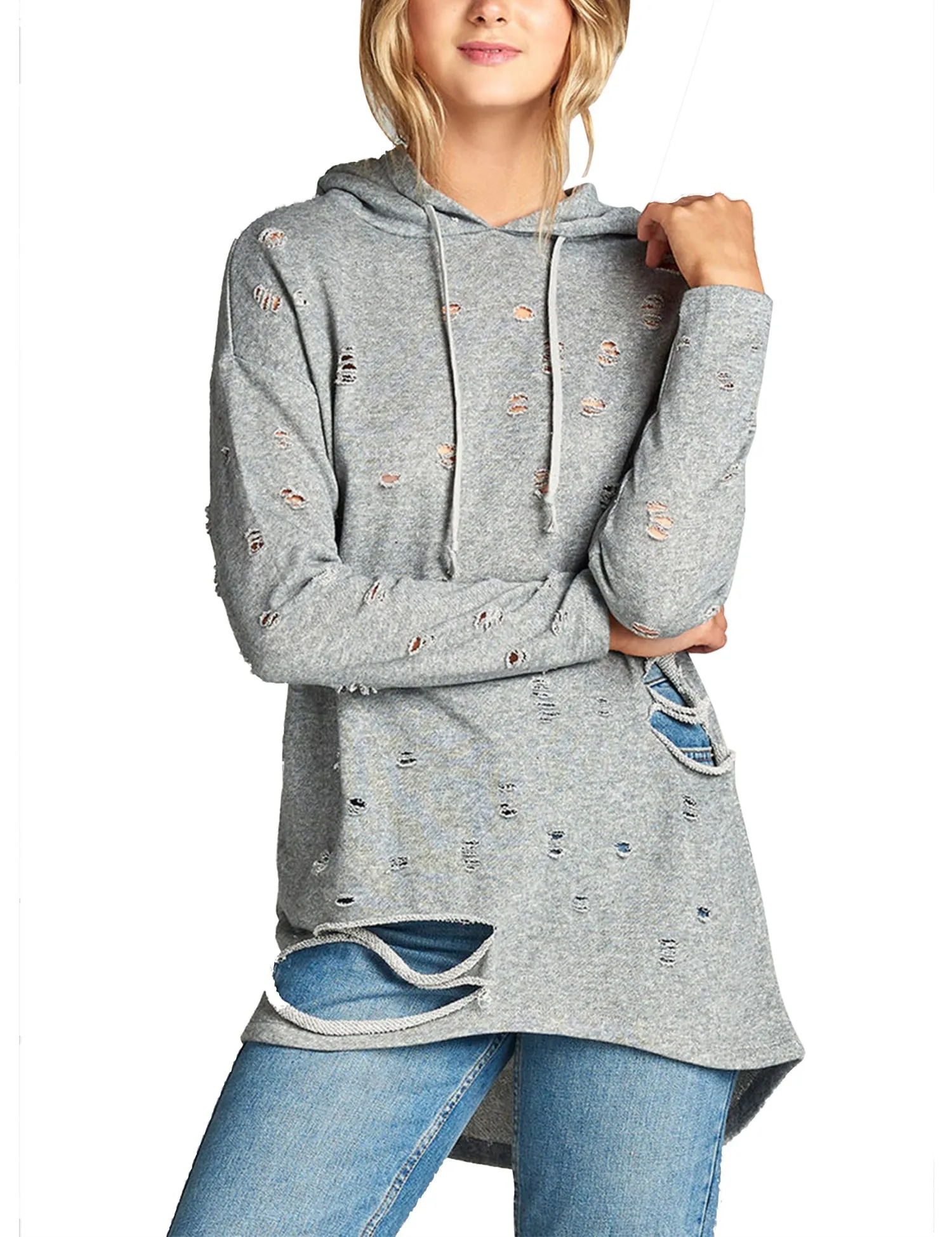 Womens Long Sleeve Distress with Drawstring French Terry Hoodie Tunic Top