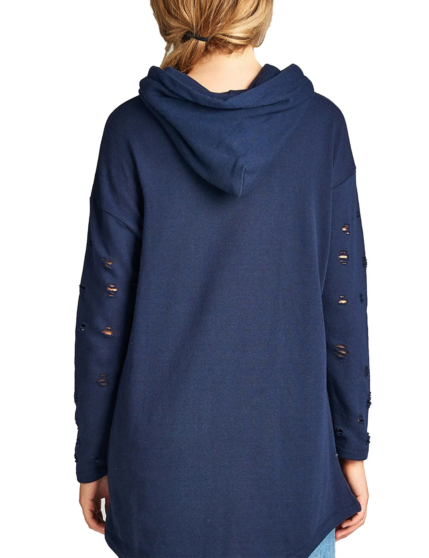 Womens Long Sleeve Distress with Drawstring French Terry Hoodie Tunic Top