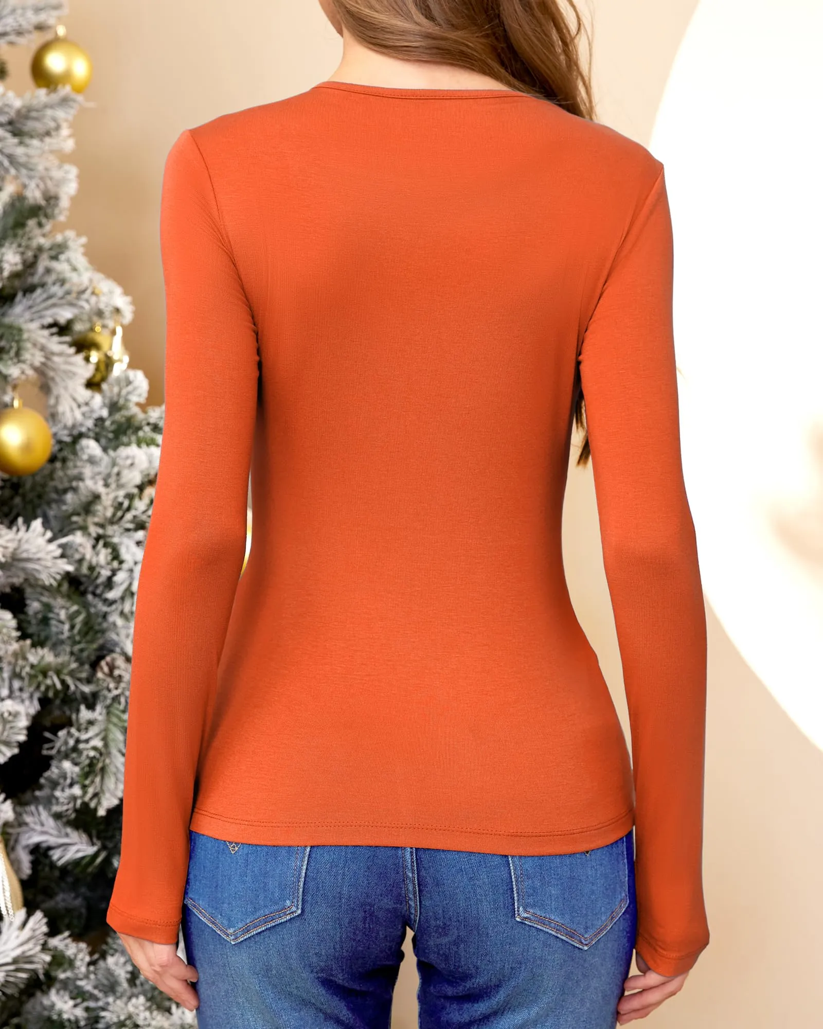 WXXYCS Womens Long Sleeve Tops Cut Out Front Ribbed Fitted Sexy Cute Casual Tops Tee Dressy T-Shirts Tshirt,Orange