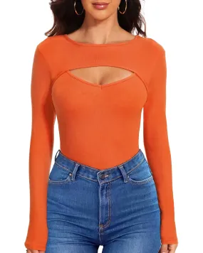 WXXYCS Womens Long Sleeve Tops Cut Out Front Ribbed Fitted Sexy Cute Casual Tops Tee Dressy T-Shirts Tshirt,Orange